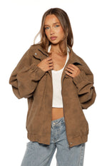 Sapna Brown Oversized Funnel Neck Suedette Jacket - PRE ORDER Image