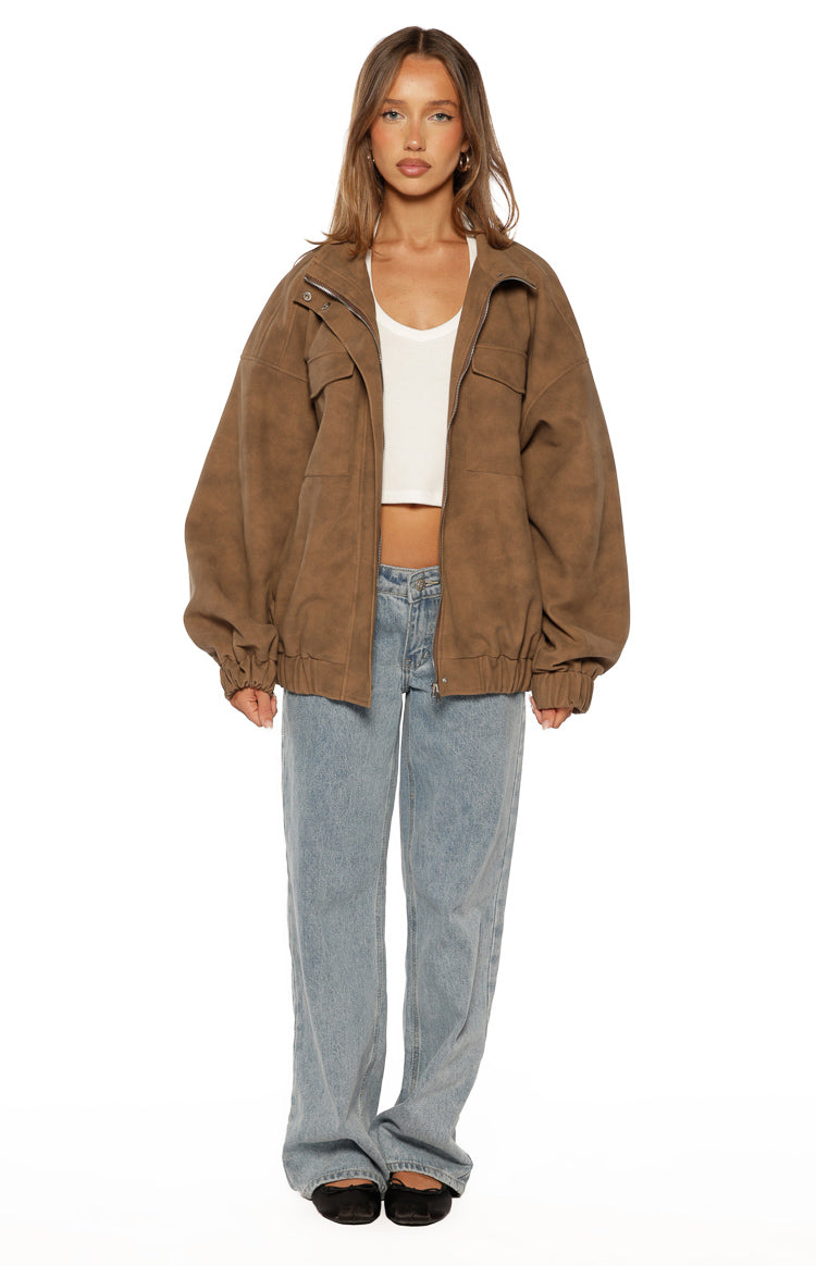 Sapna Brown Oversized Funnel Neck Suedette Jacket - PRE ORDER Image