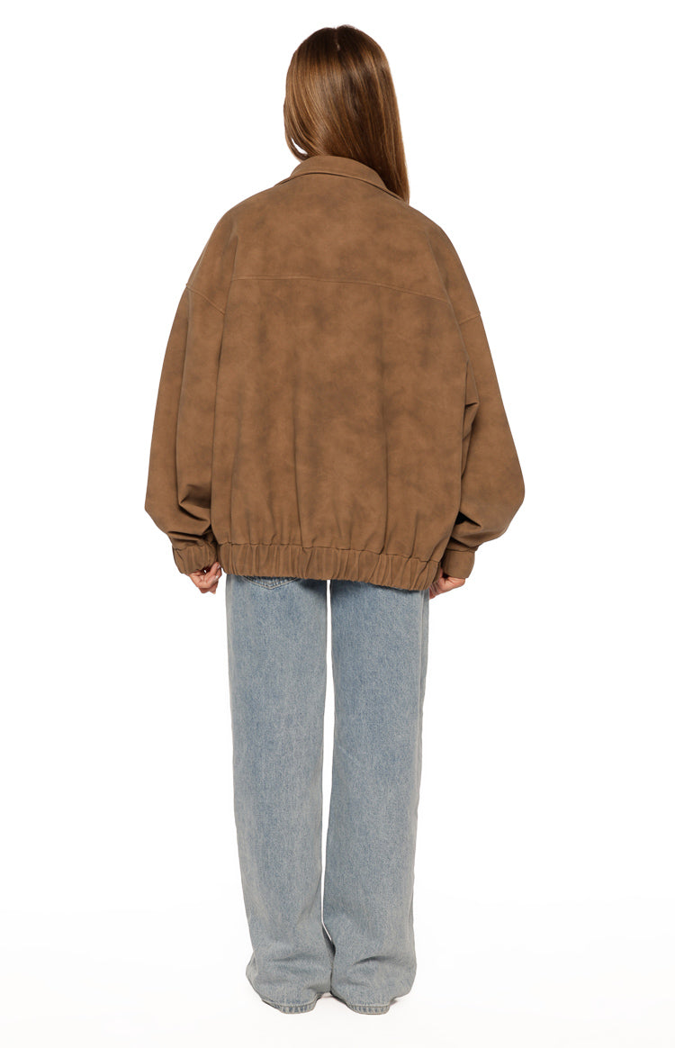 Sapna Brown Oversized Funnel Neck Suedette Jacket - PRE ORDER Image