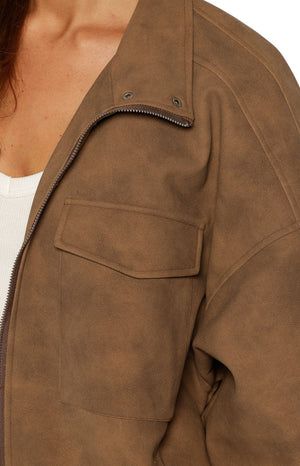 Sapna Brown Oversized Funnel Neck Suedette Jacket - PRE ORDER