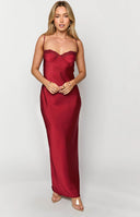 Red maxi dress with lace detailing worn on brunette model