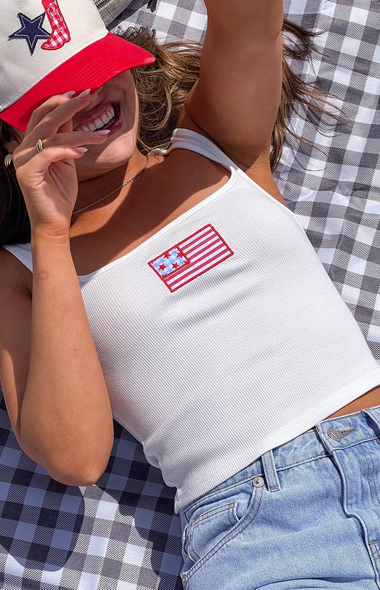 Beginning Boutique Suzie White USA Embroidered Tank Top white ribbed knit square neck tank top with embroidered USA flag patch