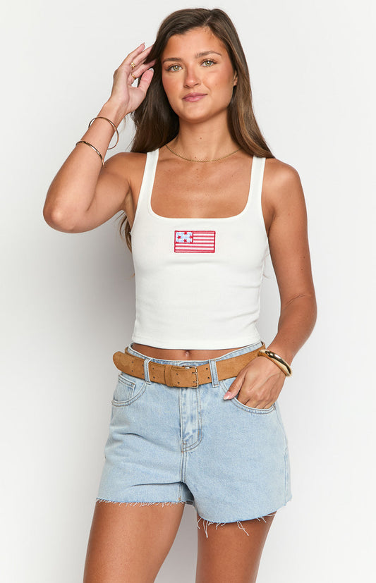White ribbed square neck tank top with USA flag embroidery on the chest