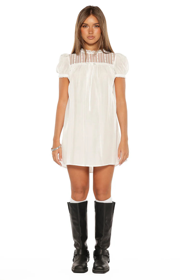 Taste White Sheer Lace Detail Mini Dress Image