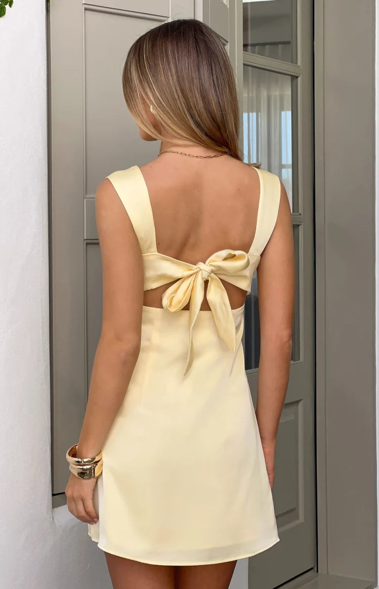 Tiera Yellow Satin Bow Detail Party Mini Dress Image