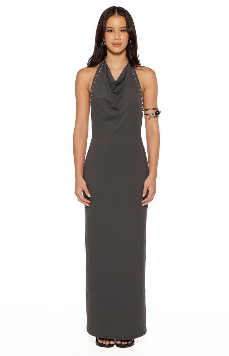 Tsuki Grey Stud Detail Cowl Neck Maxi Dress Image