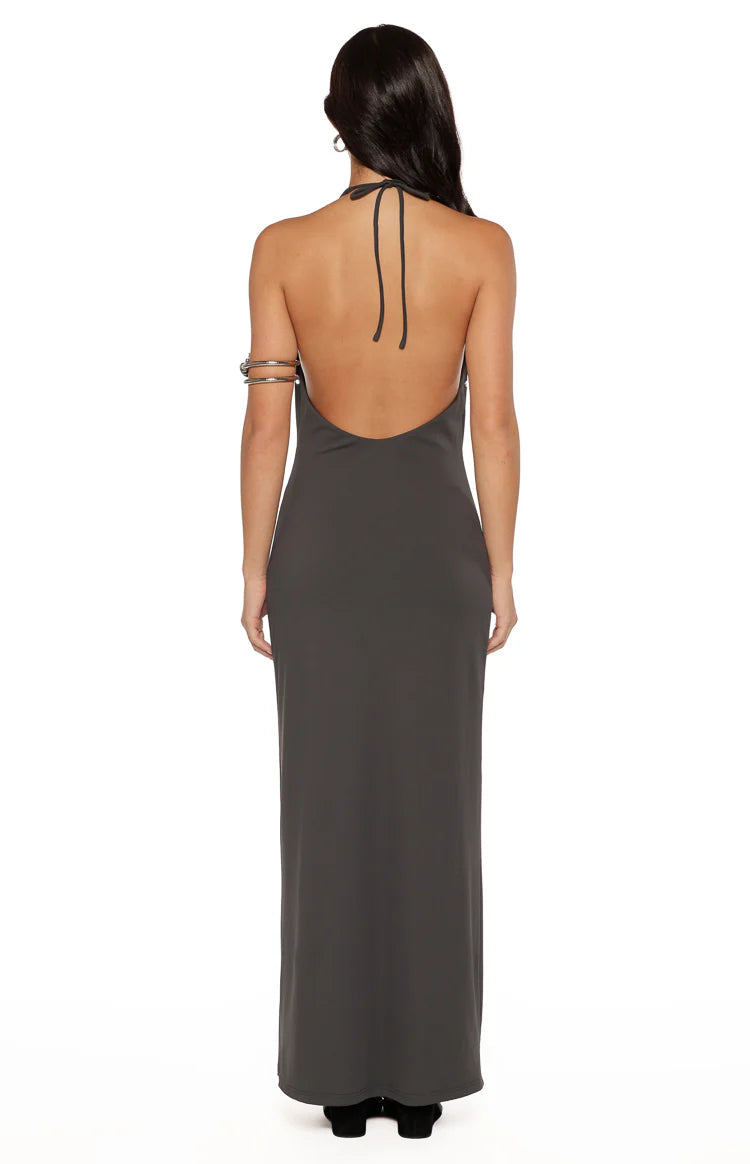 Tsuki Grey Stud Detail Cowl Neck Maxi Dress Image
