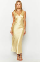 yellow satin v cut maxi dress