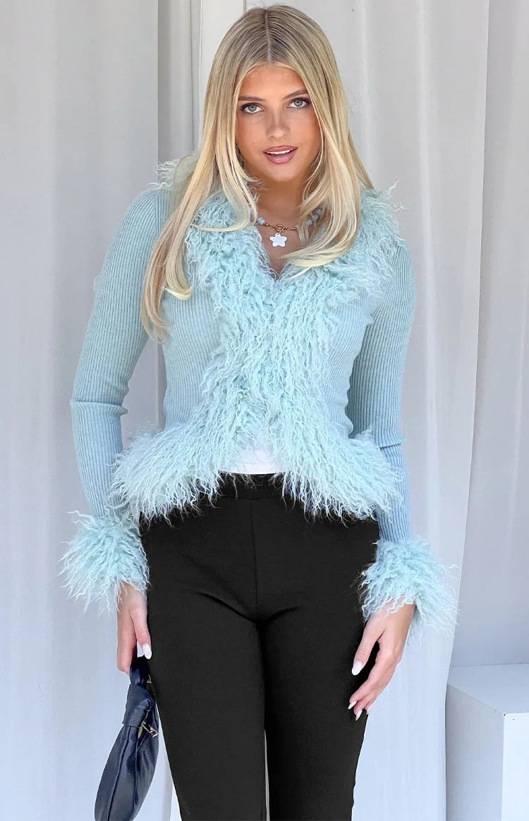 Violetta Mint Green Fur Trim Knit Cardigan Image