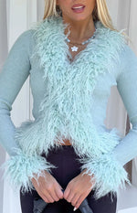Violetta Mint Green Fur Trim Knit Cardigan Image