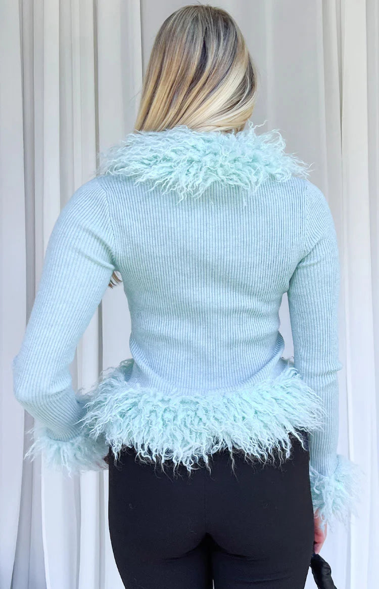 Violetta Mint Green Fur Trim Knit Cardigan Image