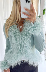 Violetta Mint Green Fur Trim Knit Cardigan Image