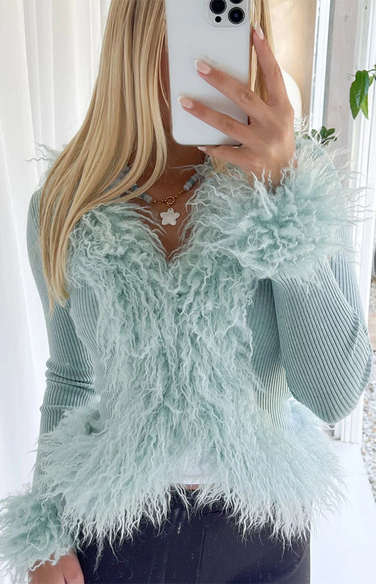 Violetta Mint Green Fur Trim Knit Cardigan Image