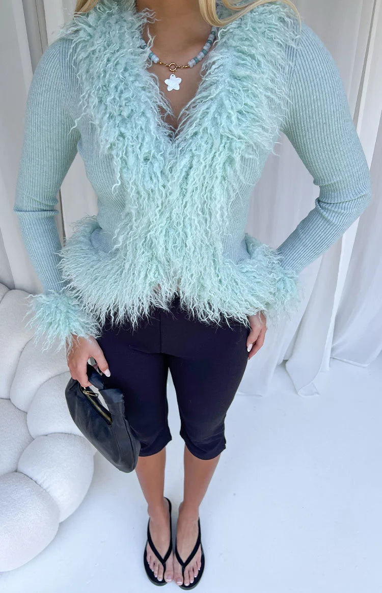 Violetta Mint Green Fur Trim Knit Cardigan Image