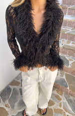 Violetta Black Lace Fur Trim Top Image