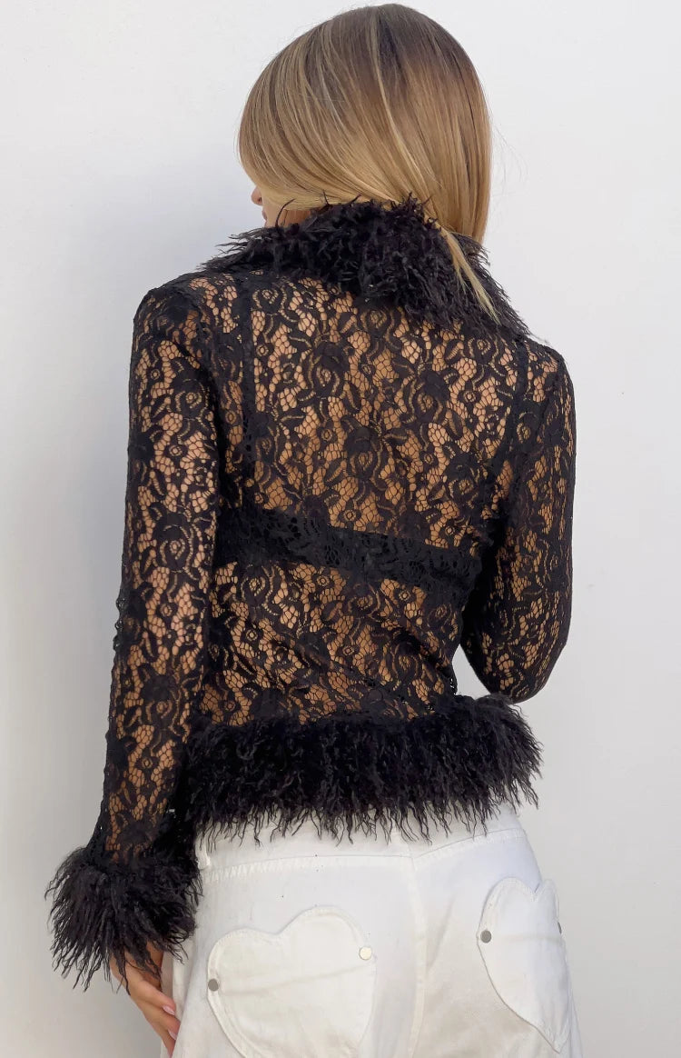 Violetta Black Lace Fur Trim Top Image