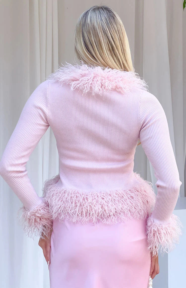 Violetta Pink Fur Trim Knit Cardigan Image