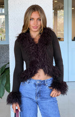 Violetta Chocolate Fur Trim Knit Cardigan - PRE ORDER Image