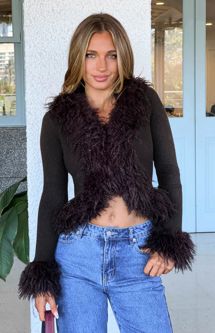 Violetta Chocolate Fur Trim Knit Cardigan - PRE ORDER Image