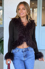 Violetta Chocolate Fur Trim Knit Cardigan - PRE ORDER Image