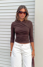 Viv Chocolate 3/4 Sleeve Wrap Jersey Top Image