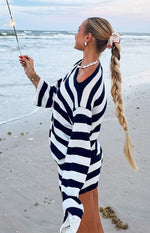 Willa Navy Stripe Off Shoulder Knit Sweater Image