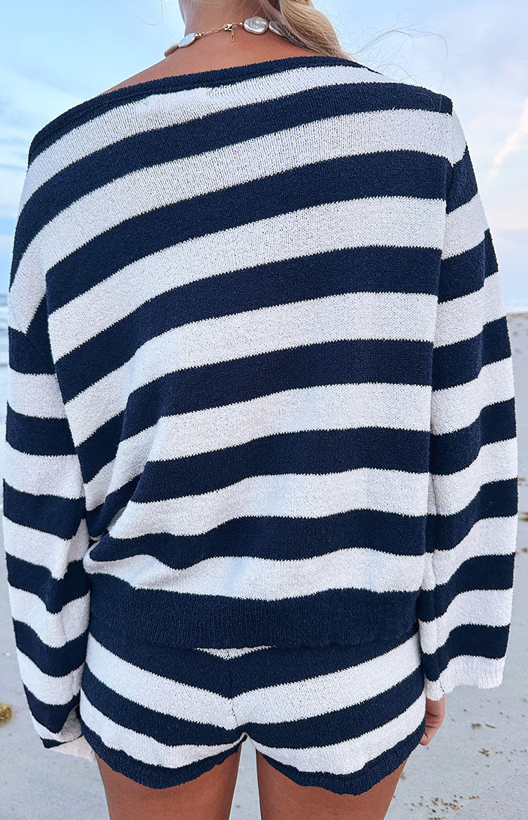 Willa Navy Stripe Off Shoulder Knit Sweater Image