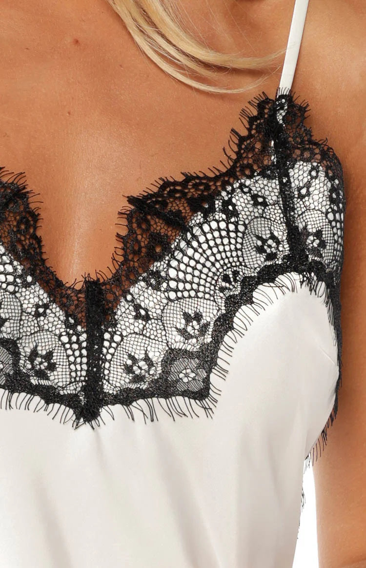 Ziva White Satin Lace Trim Asymmetrical Top Image