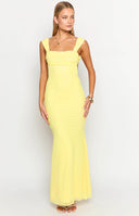 Beginning Boutique Beverley Yellow Mesh Maxi Dress pale yellow mesh maxi dress with square ruched neckline and thick gathered straps