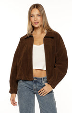 Brookie Brown Suedette Cuff Sleeve Bomber Jacket Image