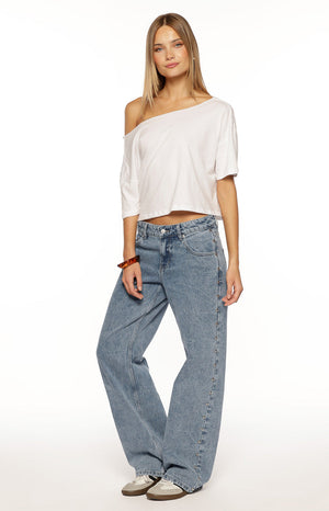 Charli Mid Wash Denim Studded Low Waist Baggy Leg Jeans