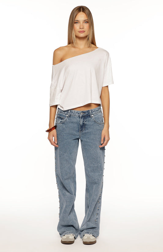 Charli Mid Wash Denim Studded Low Waist Baggy Leg Jeans
