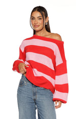Finley Red and Pink Stripe Off Shoulder Knit Sweater Image