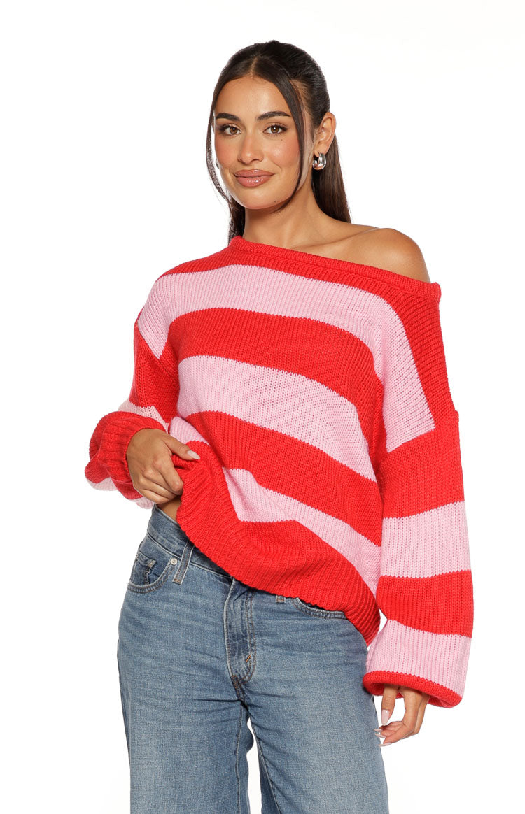 Finley Red and Pink Stripe Off Shoulder Knit Sweater Image