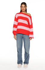 Finley Red and Pink Stripe Off Shoulder Knit Sweater Image