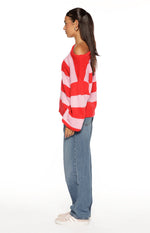 Finley Red and Pink Stripe Off Shoulder Knit Sweater Image