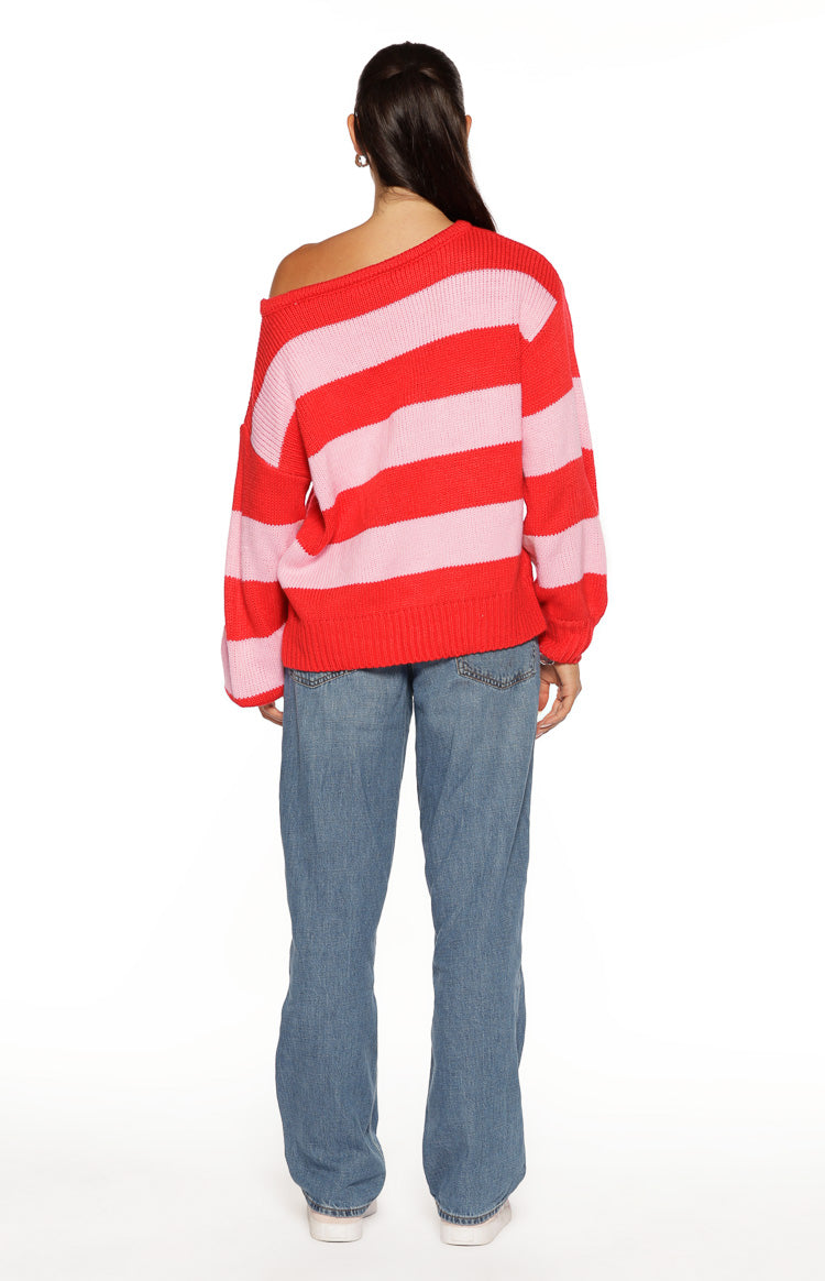 Finley Red and Pink Stripe Off Shoulder Knit Sweater Image