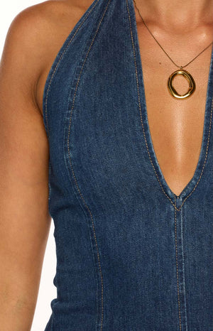 Isalin Mid Wash Denim Halter Mini Dress