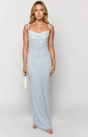 Lacey blue body-con maxi dress worn by brunette model 