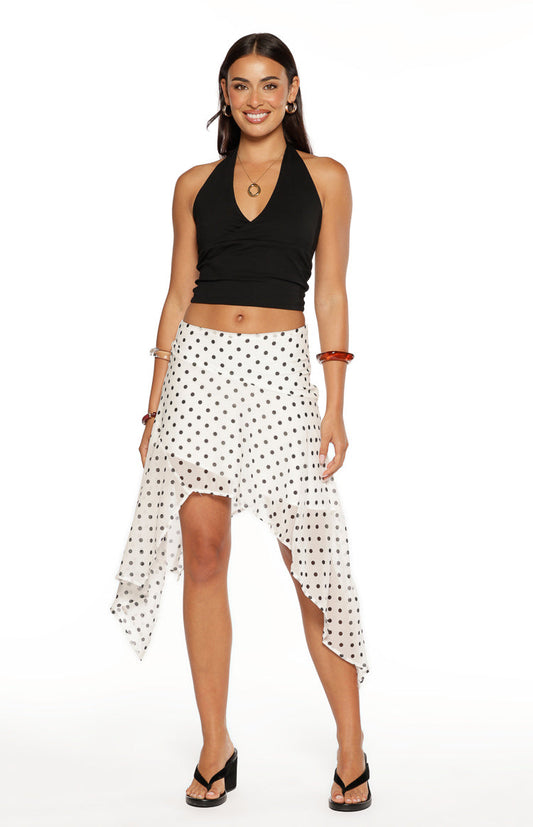 Khalea White Polka Dot Hanky Hem Midi Skirt