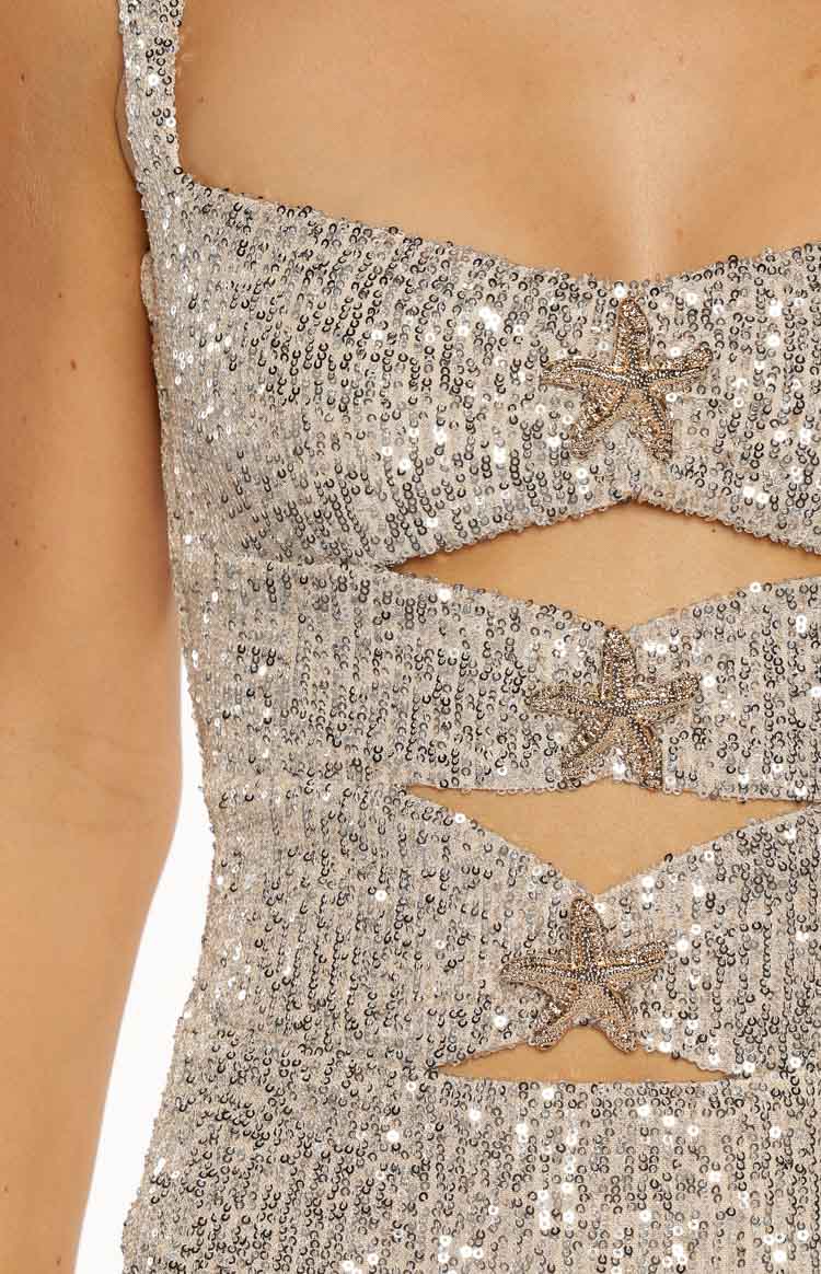 Malita Silver Sequin Gold Trim Party Mini Dress Image