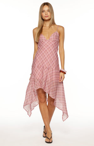 Milla Pink Plaid Hanky Hem Midi Dress