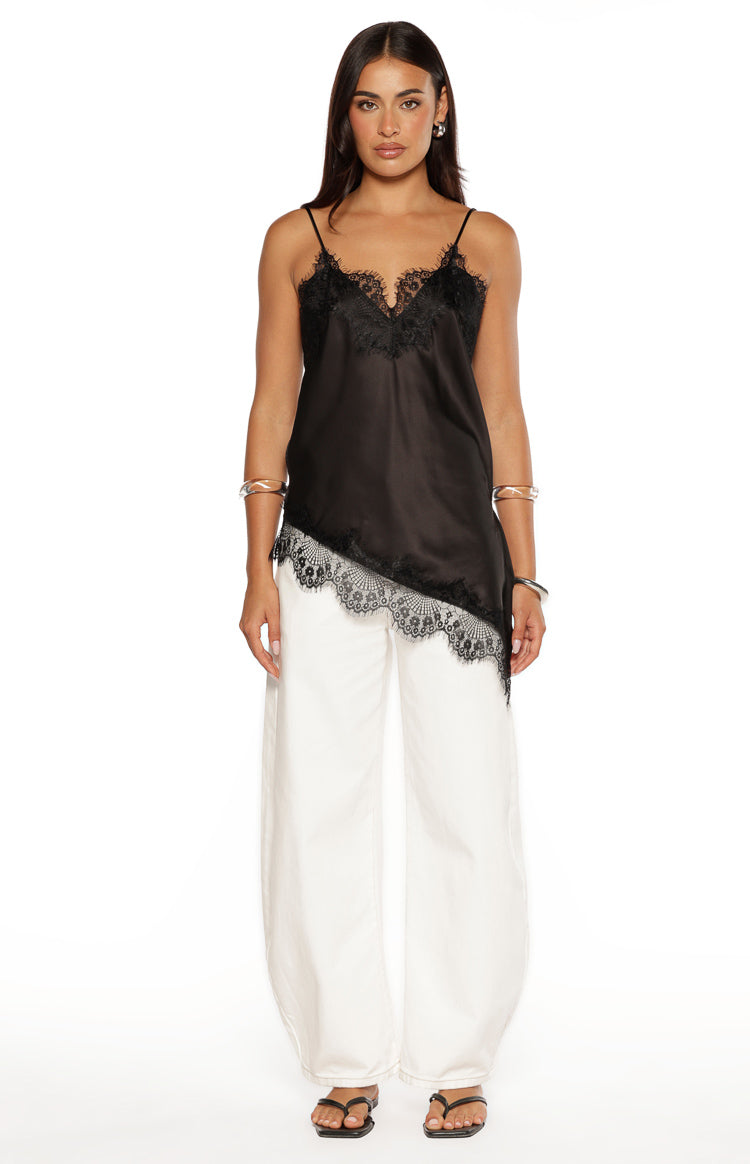 Ziva Black Satin Lace Trim Asymmetrical Top Image