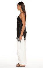 Ziva Black Satin Lace Trim Asymmetrical Top Image